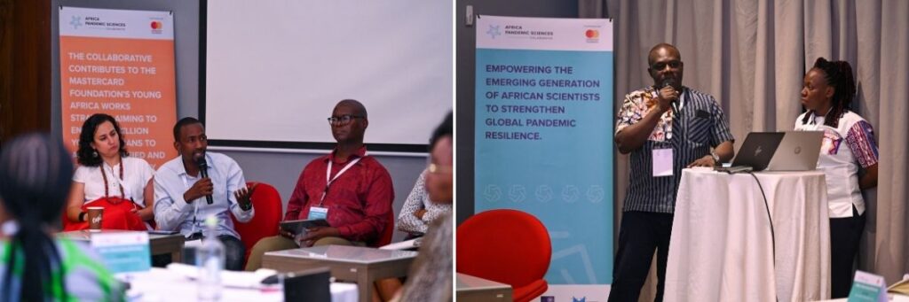 (Left) Montage Diallo responds to a question during the research-to-policy panel session. (Right) Wandaogo Haiga and Charles Guissou presenting the MOSEPIC's Theory of Change
