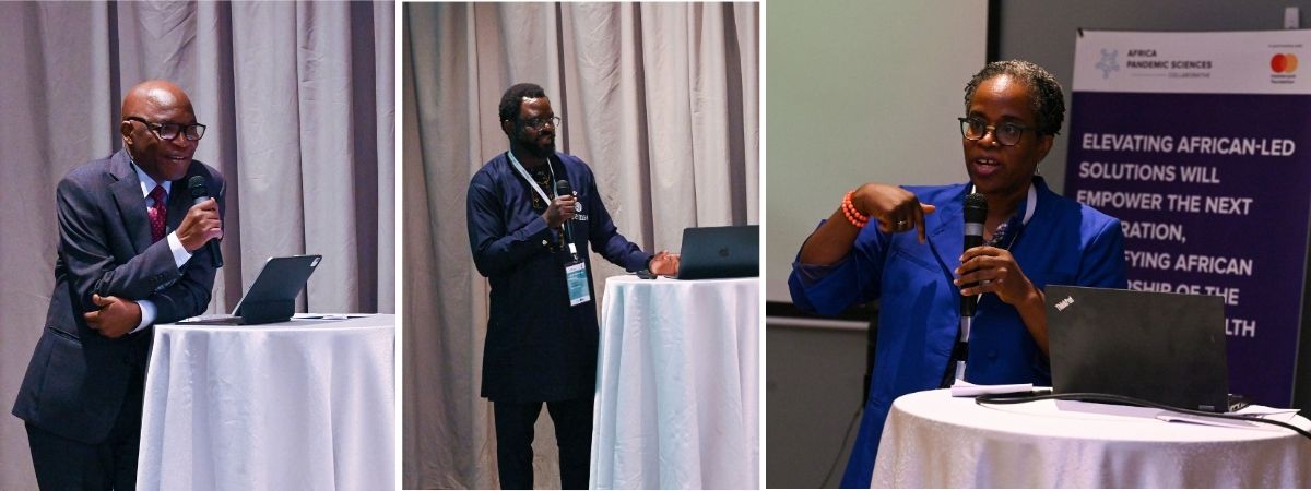 Prof. T.O. Ogundiran (University of Ibadan), Dr Chinedu Ugwu (Redeemer's University) and Carol Nuga (Mastercard Foundation) delivering their addresses during the workshop's opening ceremony.